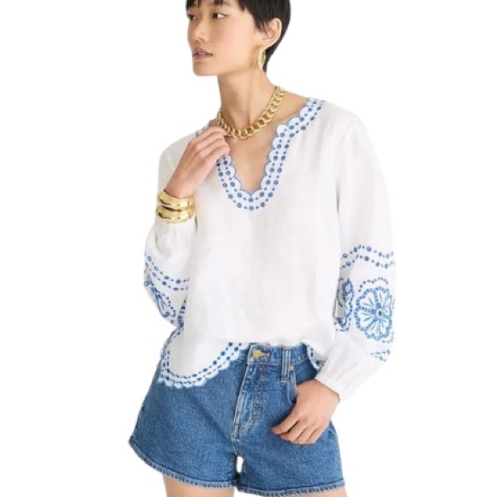 J. Crew White Blouse with Blue Embroidered Detailing